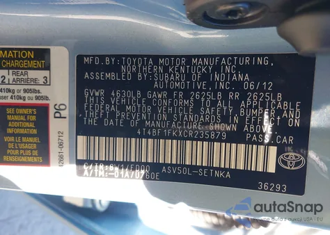 2012 Toyota Camry Le z USA, uszkodzony, nr VIN 4T4BF1FKXCR235879